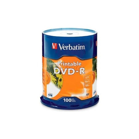 Verbatim Americas Verbatim DVD-R, 95153, 16X Speed, 4.7GB, Inkjet Printable, Spindle, 100/Pk, White 95153